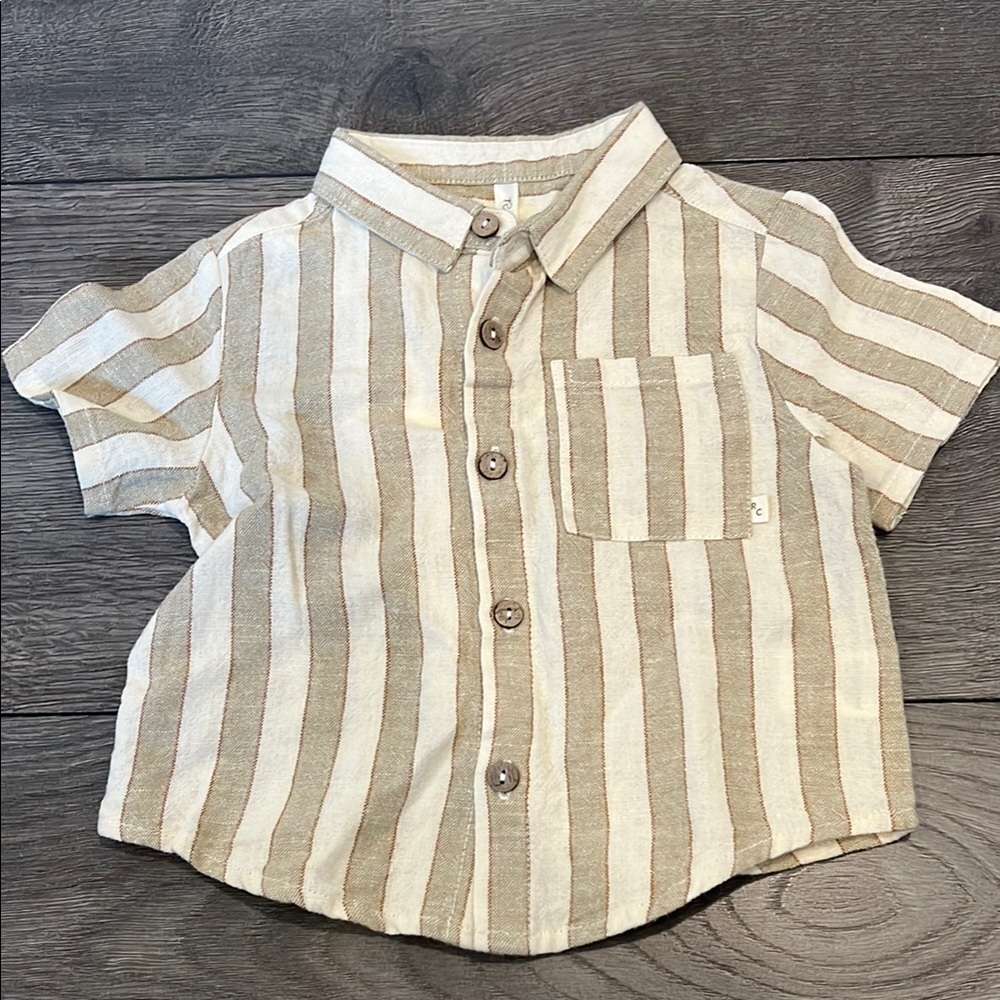 Rylee + Cru Tan and White Striped Button Down Shirt